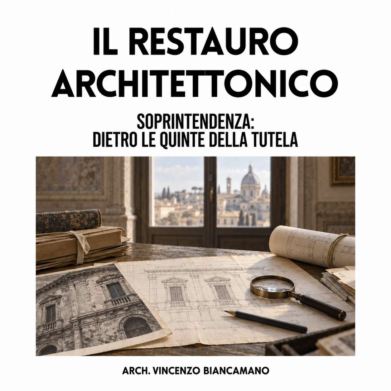 Copertina del podcast Il Restauro Architettonico: Soprintendenza, dietro le quinte della tutela. Disegni e documenti su un tavolo, con architetture storiche sullo sfondo.